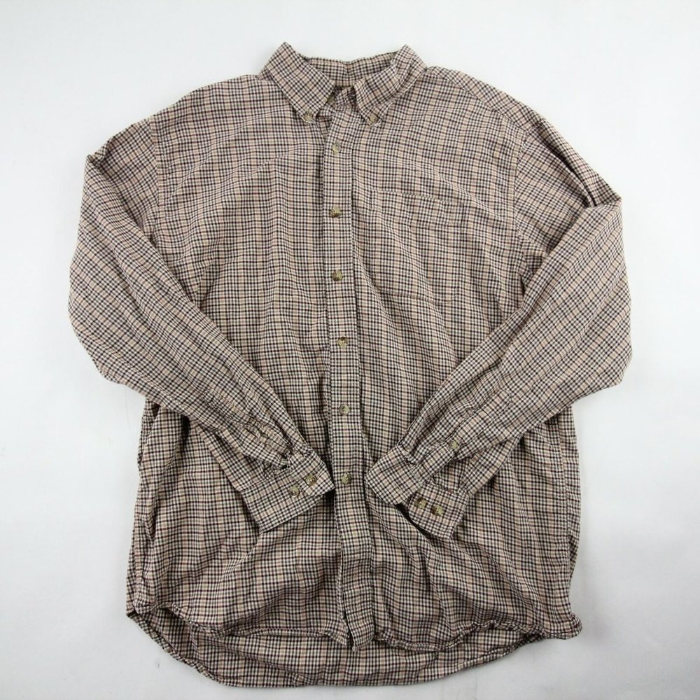 L.L. Bean Mens Dress Shirt White Tan Maroon Plaid Long Sleeve Cotton Size Large